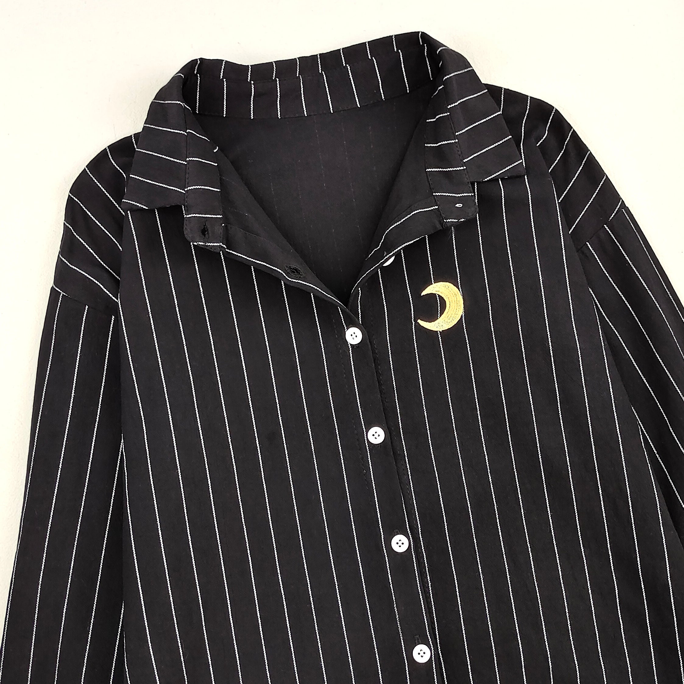 Black Striped Button Down Shirt with Moon Embroidery Harajuku Aesthetic Long Sleeve Blouse Casual Cute Vintage Top